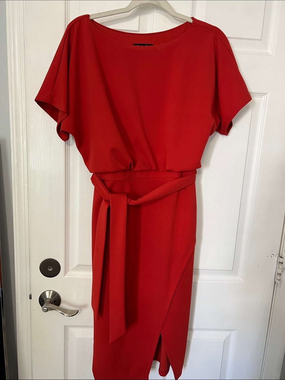 kenzie Red Belted Midi Dress with Short Dolman Sleeves